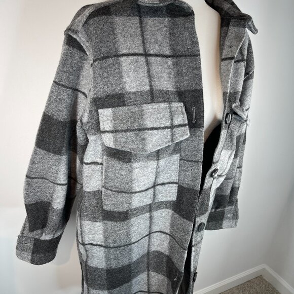 H&M Gray & Black Plaid Long Button Front Coat size XS - Picture 2 of 4